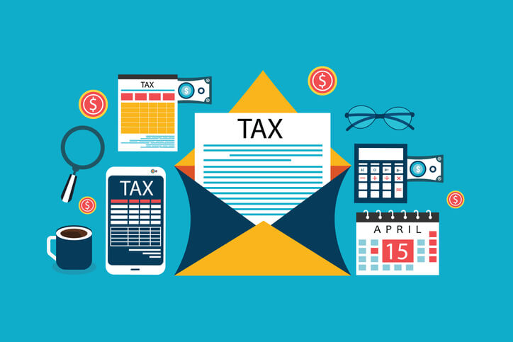 Cartoon pictures of various tax related items including a tax form, calculator, calendar, and money