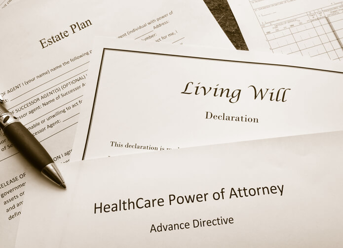 Three documents: Estate Plan, Living Will, and Power of Attorney